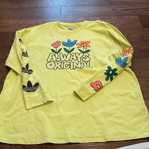 Adidas Neon Yellow Floral and logo Long Sleeve Tee